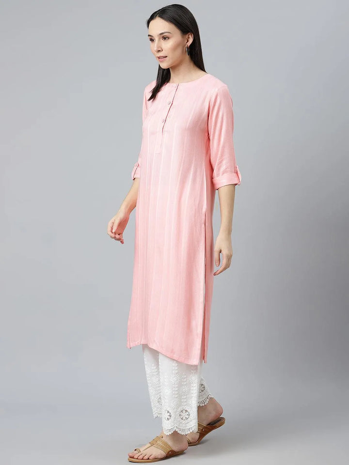 Pink Striped Rayon Kurta - Libas