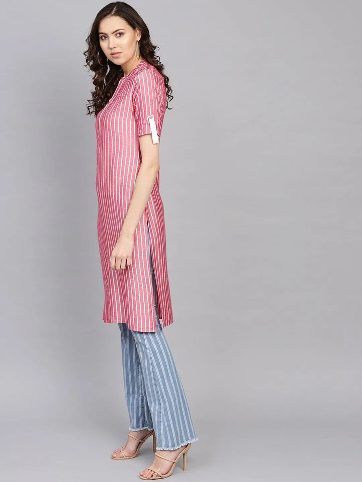 Pink Striped Rayon Kurta - Libas