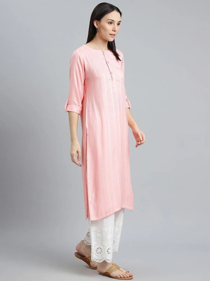 Pink Striped Rayon Kurta - Libas