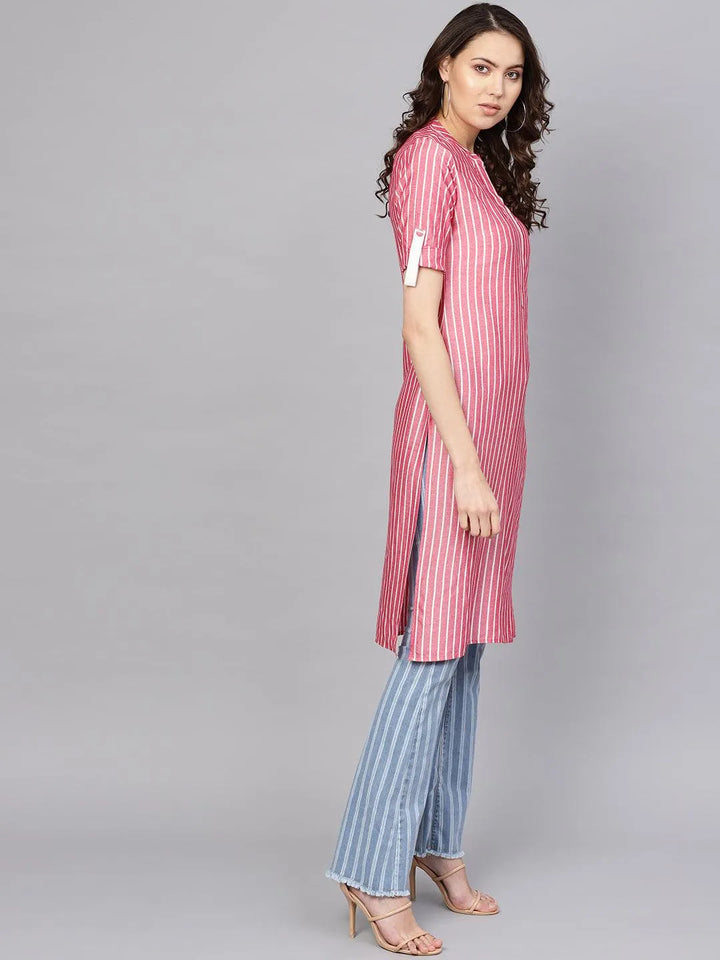 Pink Striped Rayon Kurta - Libas