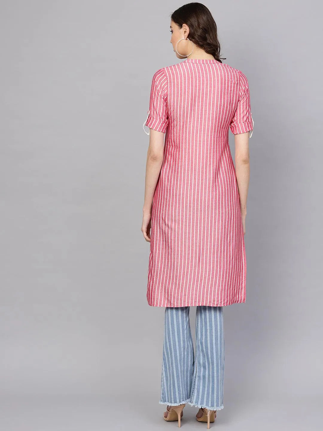 Pink Striped Rayon Kurta - Libas