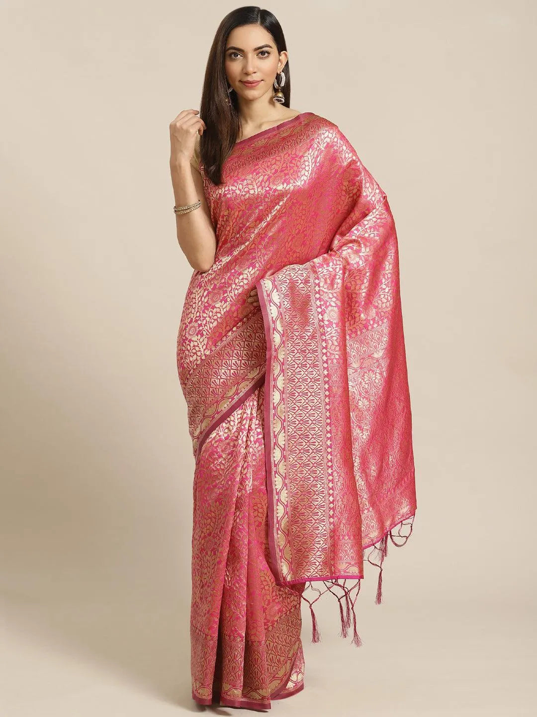 Pink Woven Design Brocade Saree - Libas