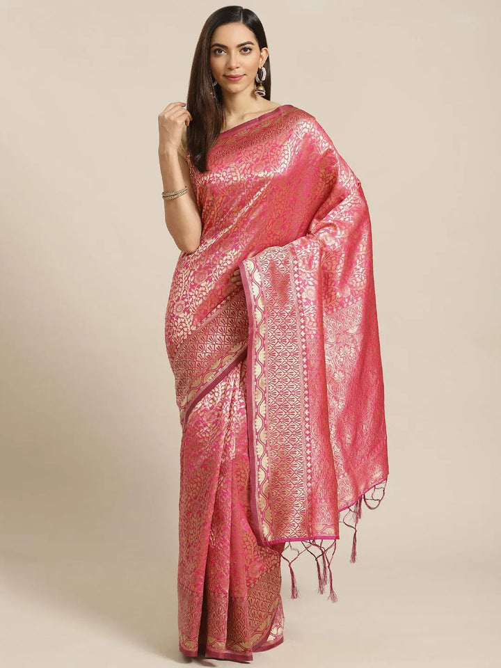 Pink Woven Design Brocade Saree - Libas