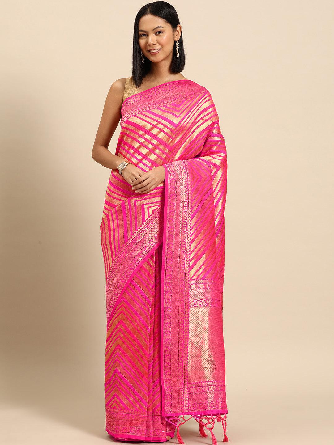 Pink Woven Design Brocade Saree - Libas