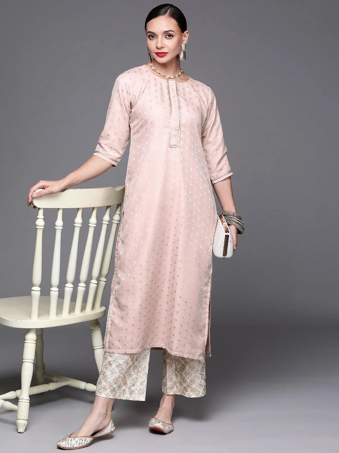 Pink Woven Design Chanderi Silk Kurta - Libas