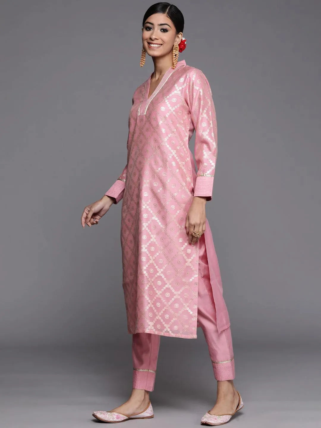 Pink Woven Design Chanderi Silk Straight Kurta - Libas