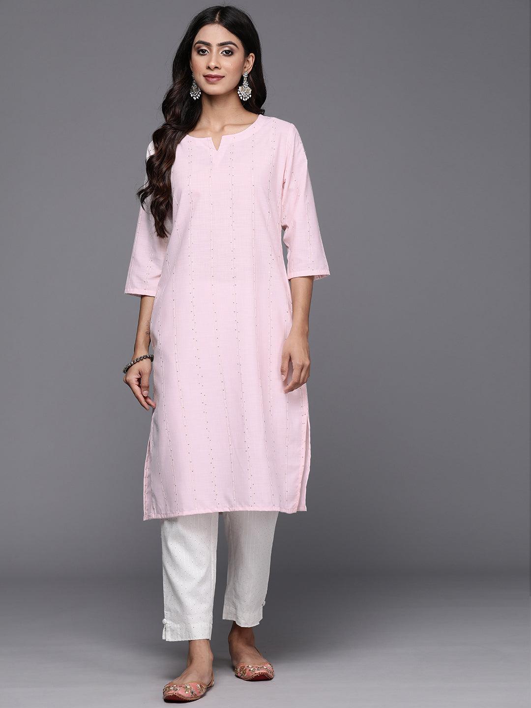 Pink Woven Design Cotton Straight Kurta - Libas 