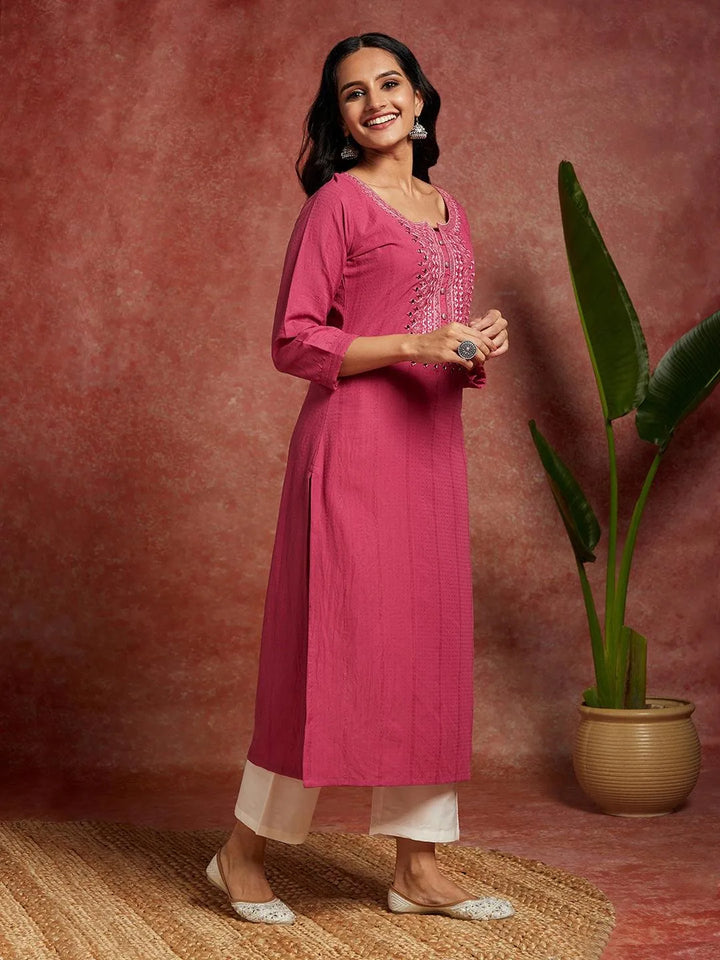 Pink Woven Design Cotton Straight Kurta - Libas