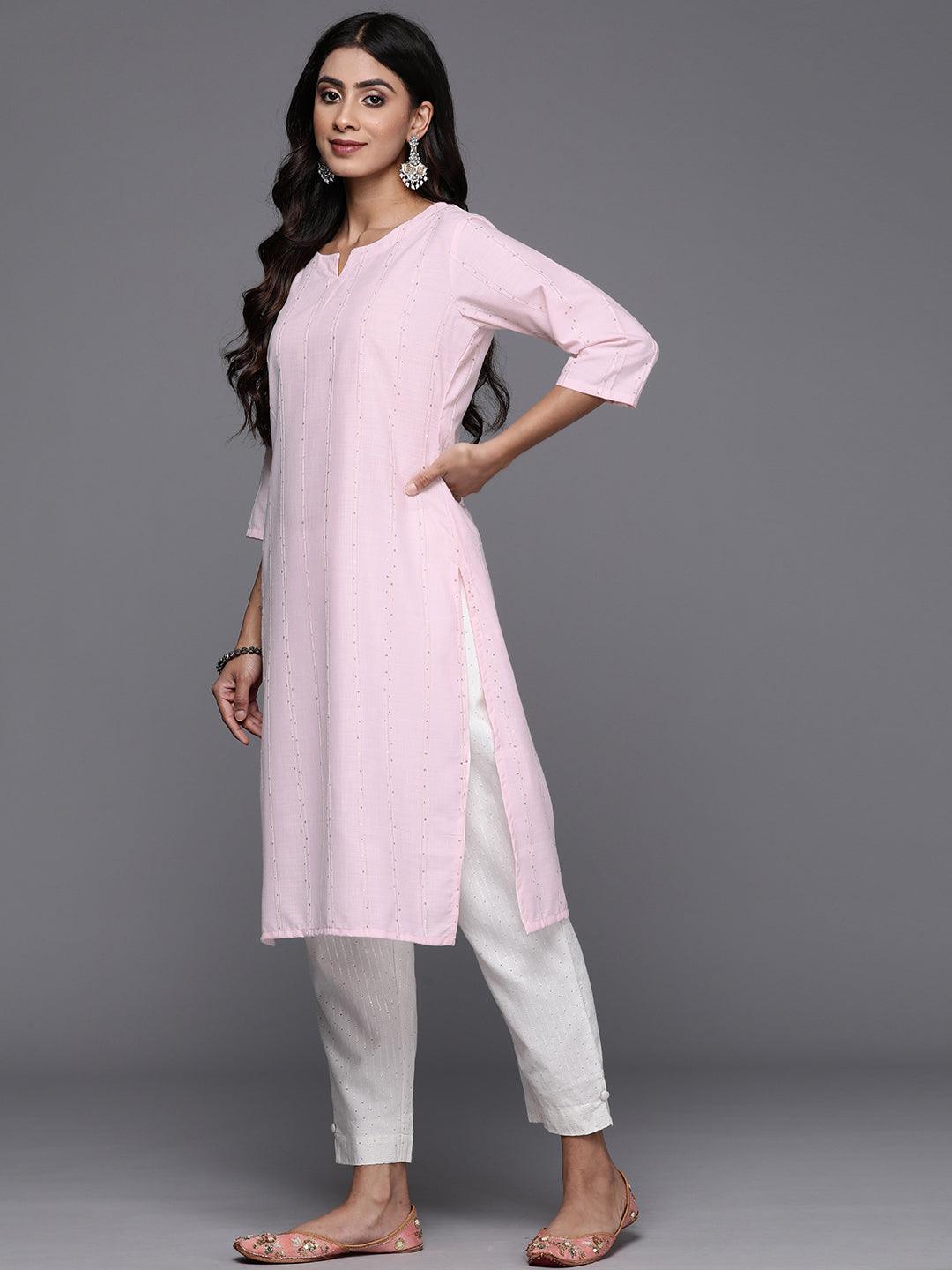 Pink Woven Design Cotton Straight Kurta - Libas