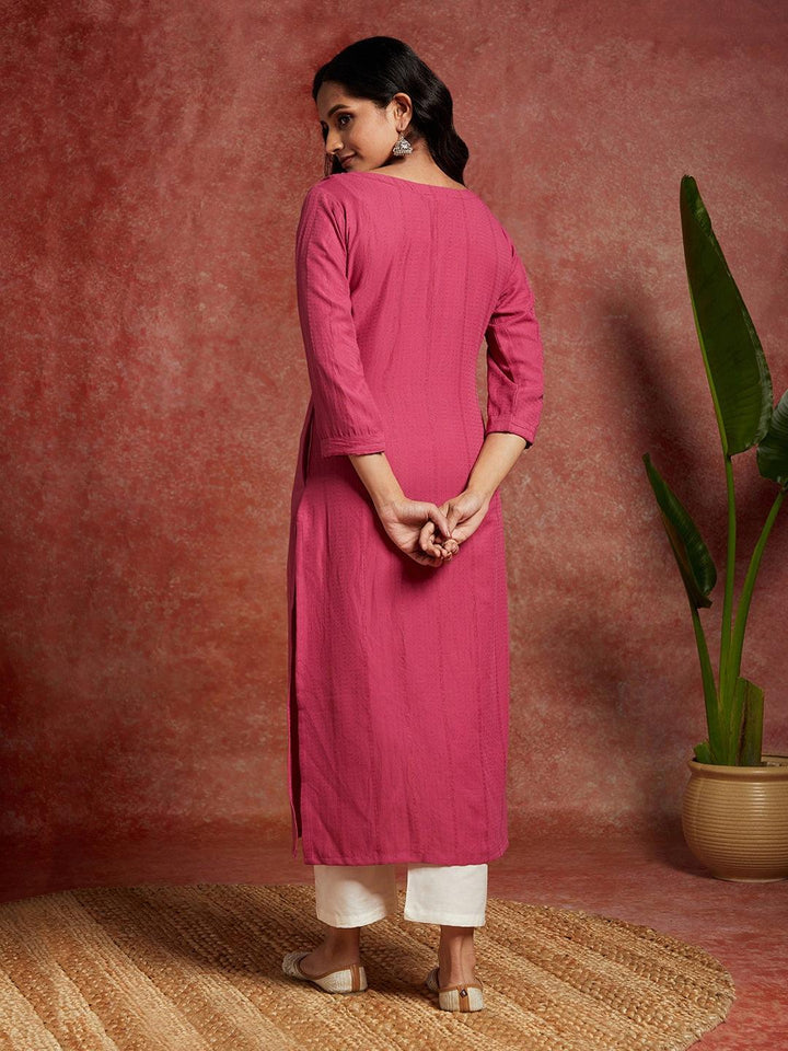 Pink Woven Design Cotton Straight Kurta - Libas