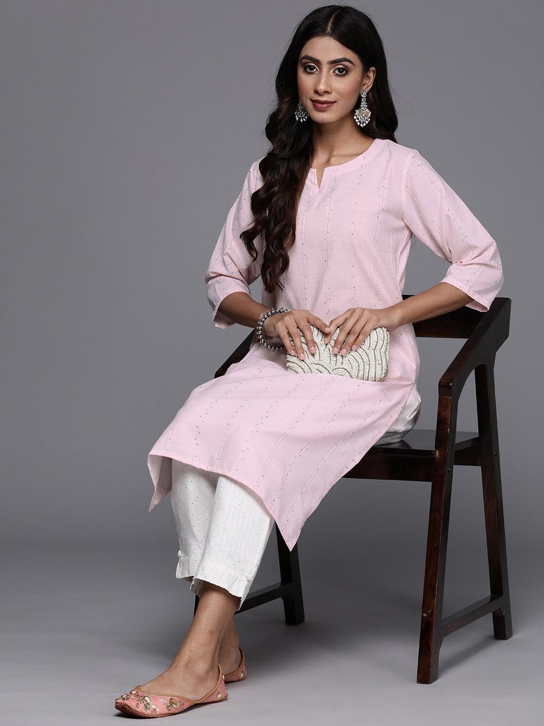 Pink Woven Design Cotton Straight Kurta - Libas 