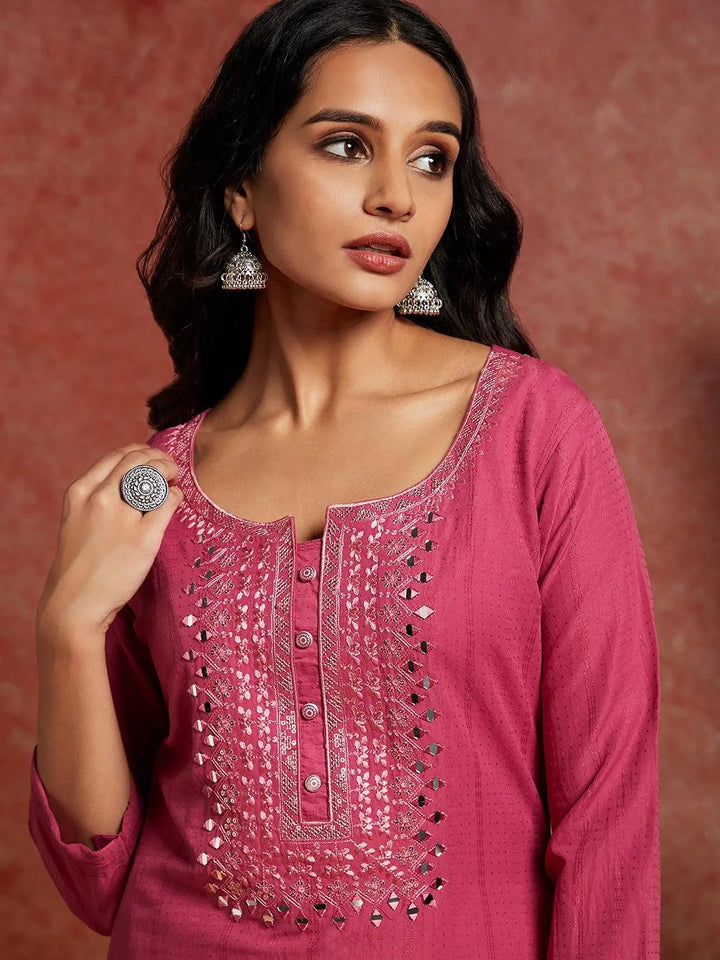 Pink Woven Design Cotton Straight Kurta - Libas