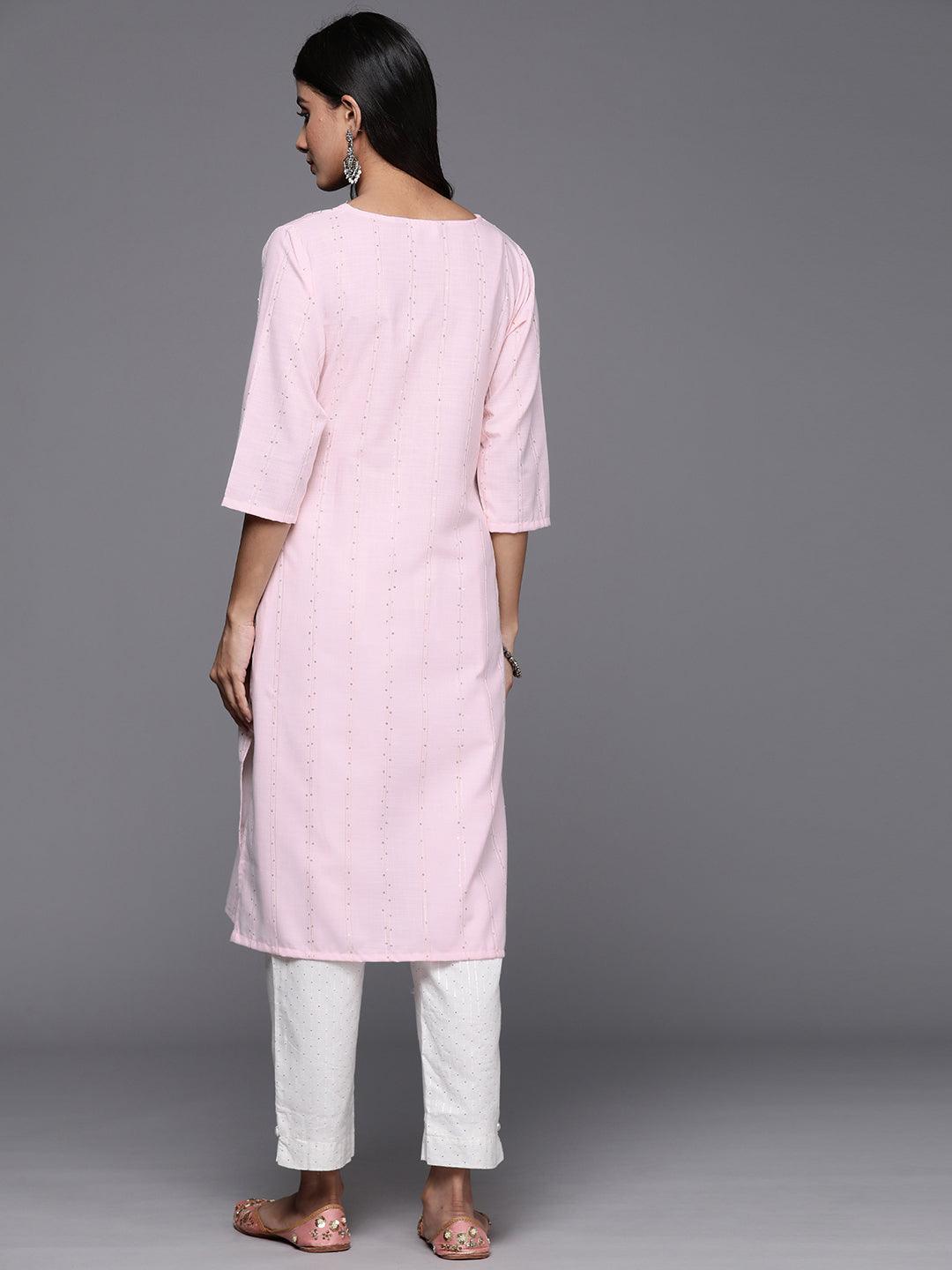 Pink Woven Design Cotton Straight Kurta - Libas 