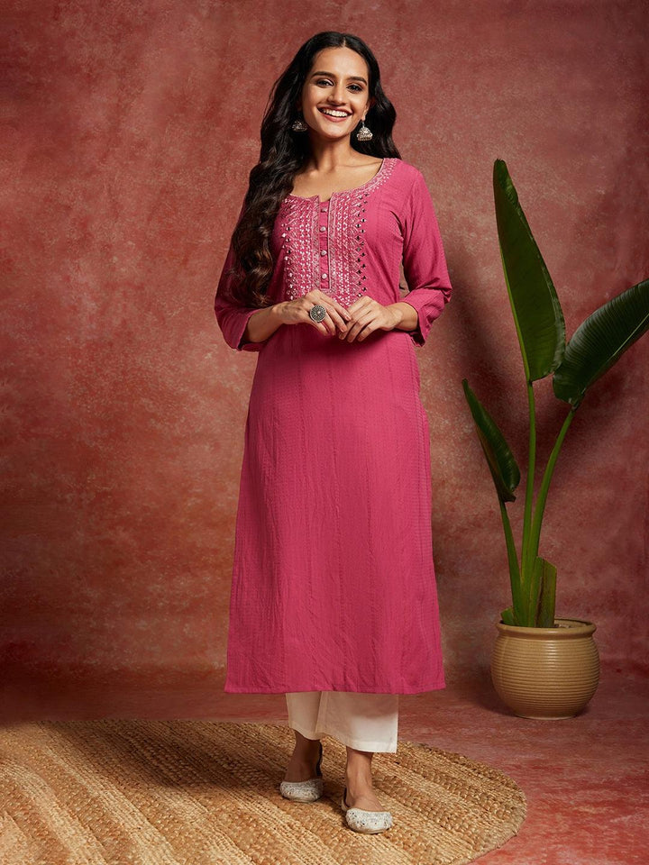 Pink Woven Design Cotton Straight Kurta - Libas