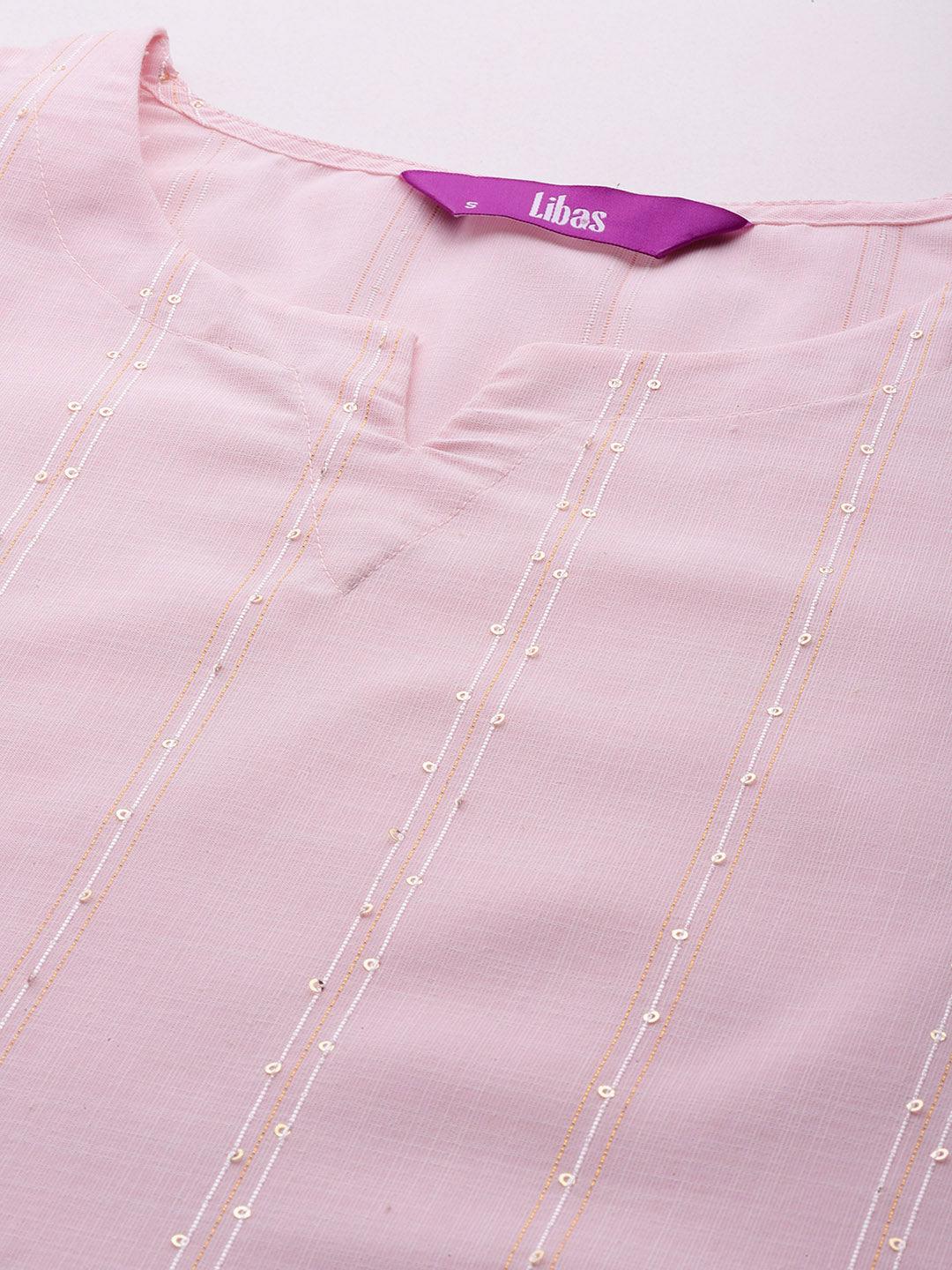 Pink Woven Design Cotton Straight Kurta - Libas 