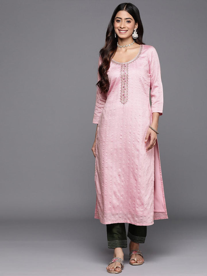 Pink Woven Design Rayon Straight Kurta - Libas