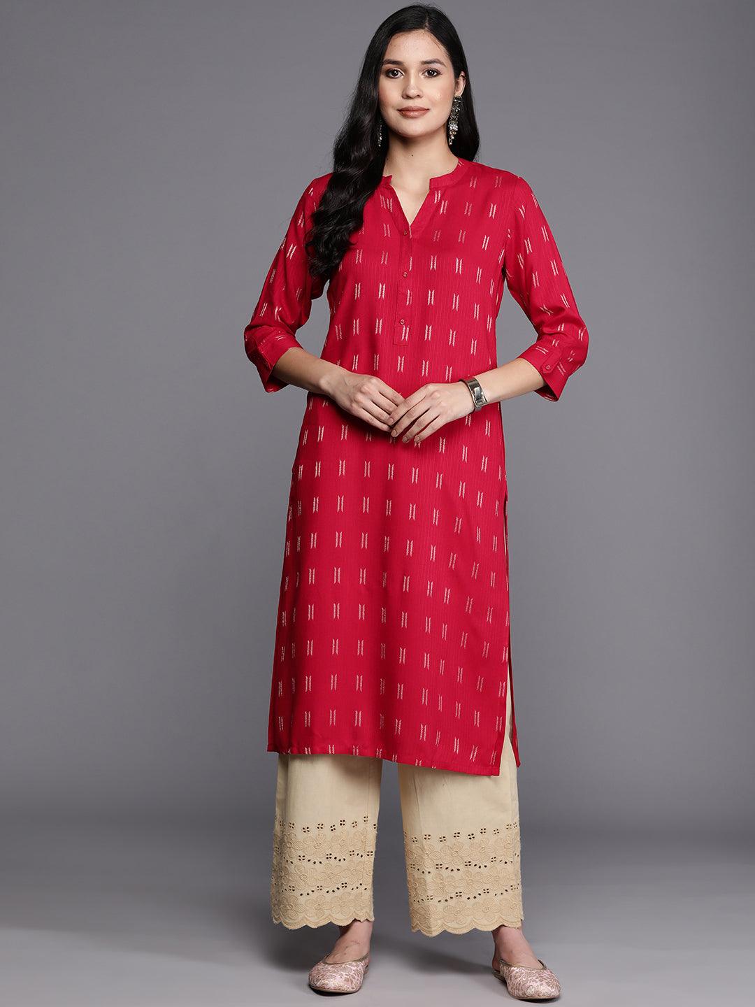 Pink Woven Design Rayon Straight Kurta - Libas