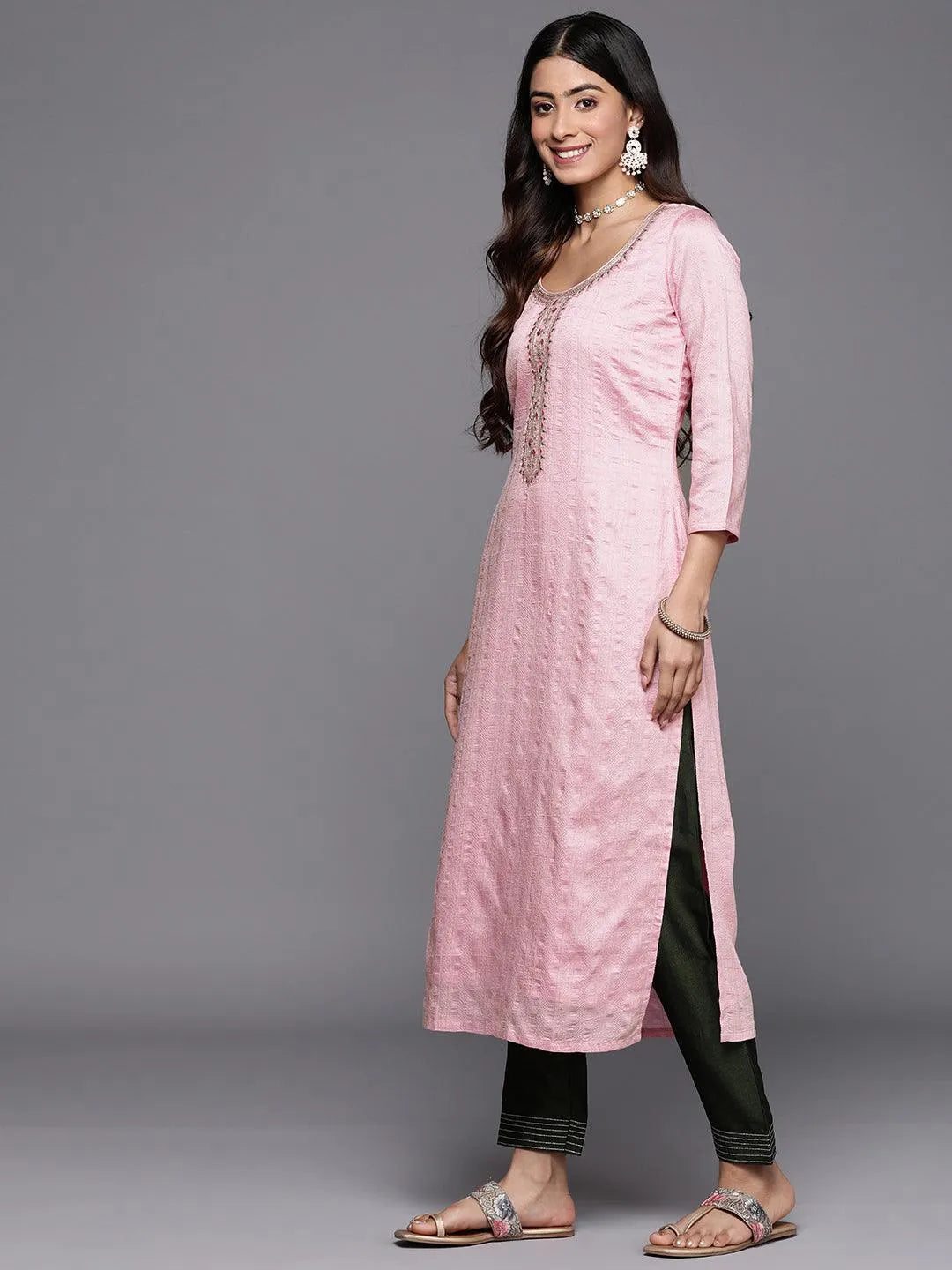 Pink Woven Design Rayon Straight Kurta - Libas