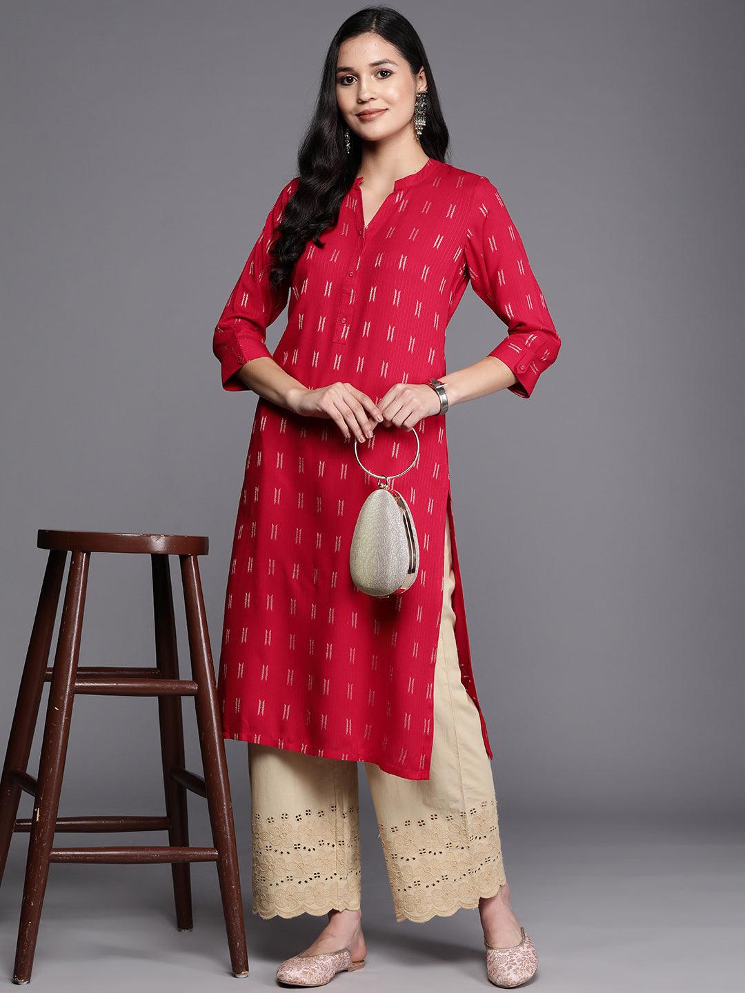 Pink Woven Design Rayon Straight Kurta - Libas