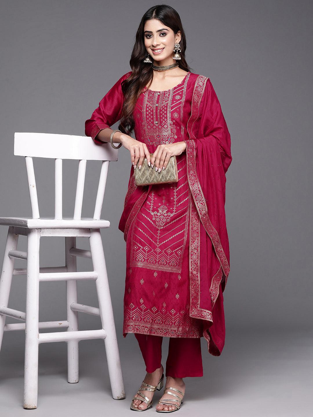 Pink Woven Design Silk Blend Straight Kurta With Palazzos & Dupatta - Libas