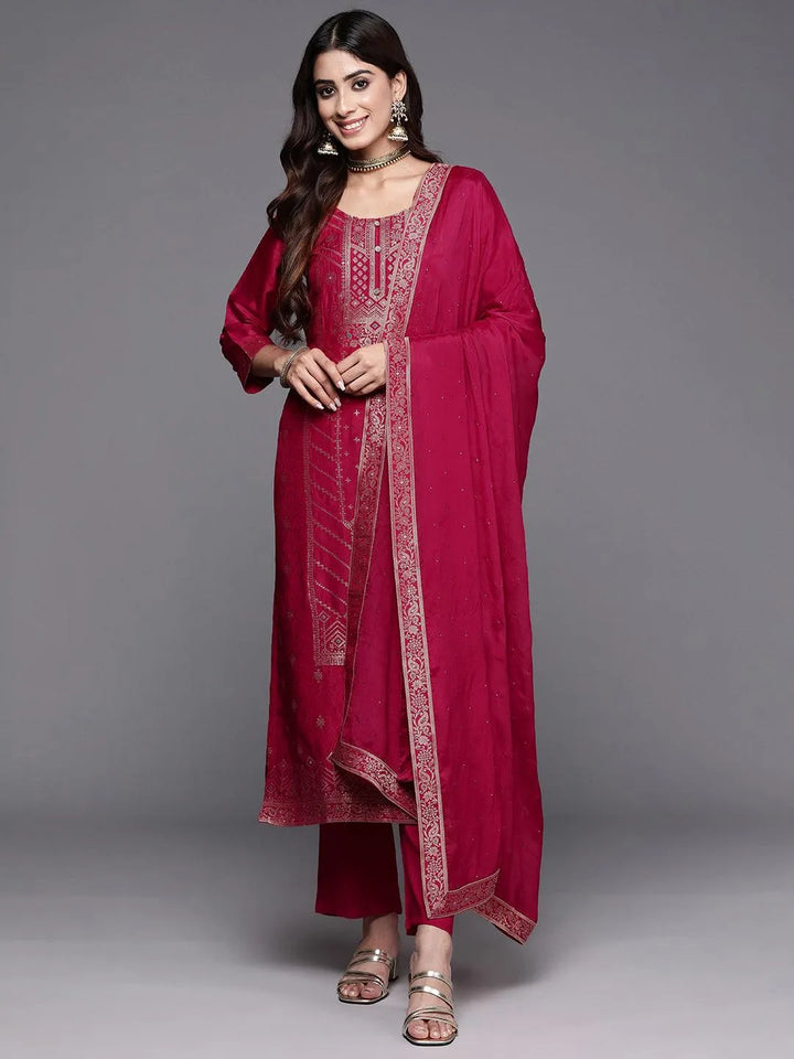 Pink Woven Design Silk Blend Straight Kurta With Palazzos & Dupatta - Libas