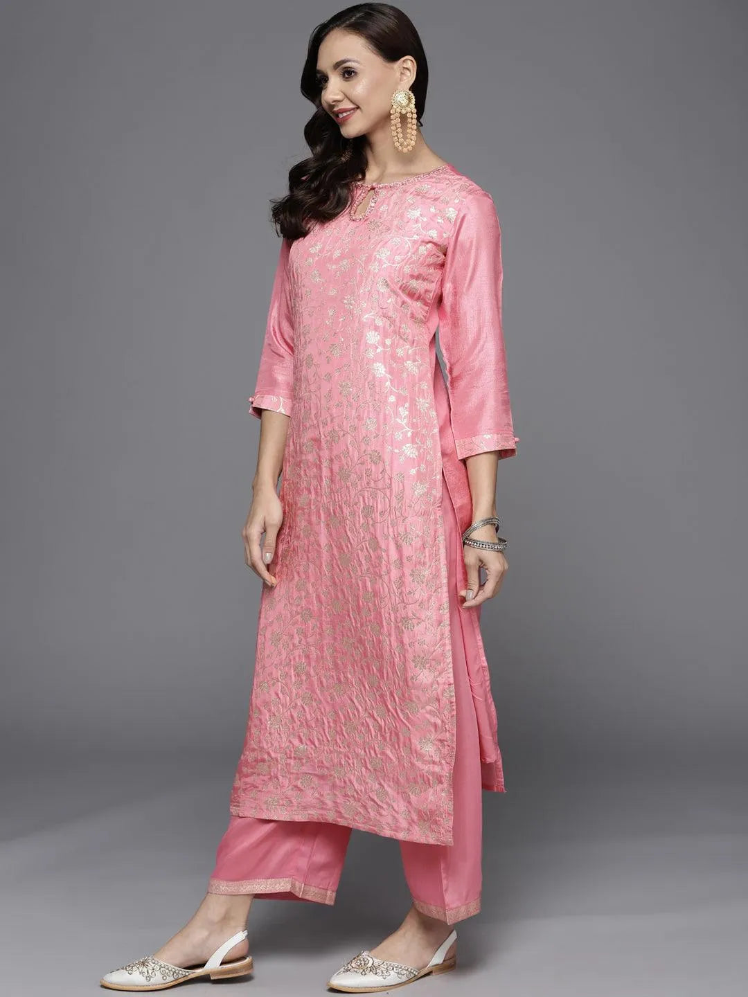 Pink Woven Design Silk Blend Straight Suit Set - Libas