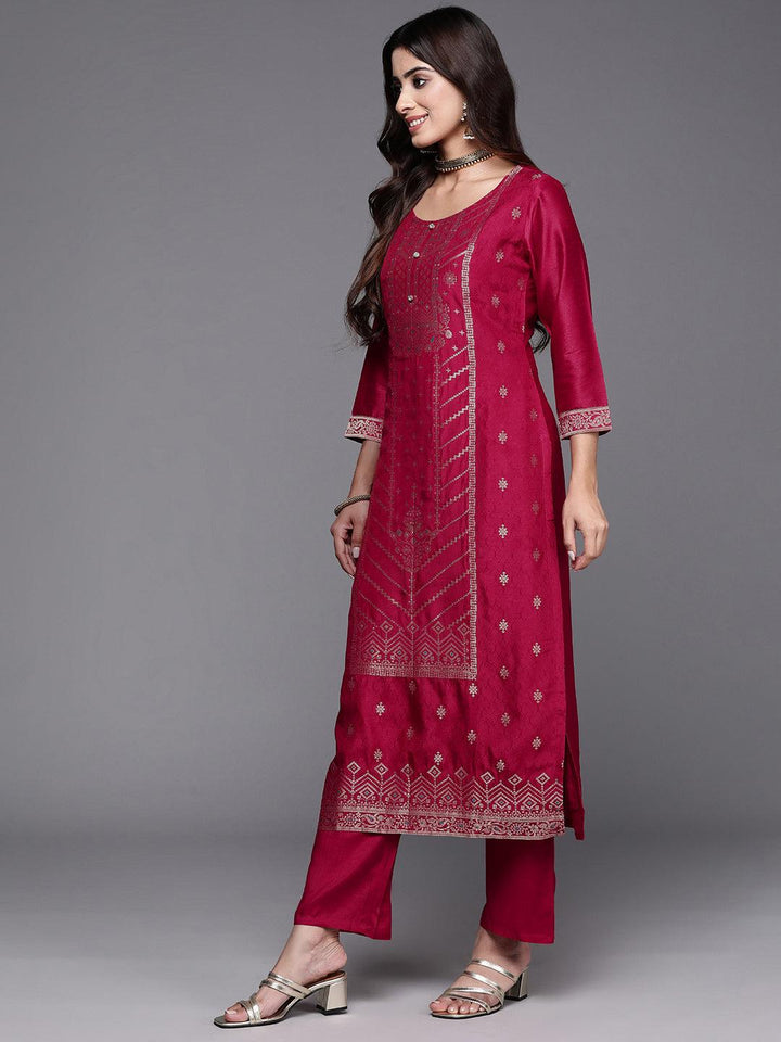 Pink Woven Design Silk Blend Straight Kurta With Palazzos & Dupatta - Libas