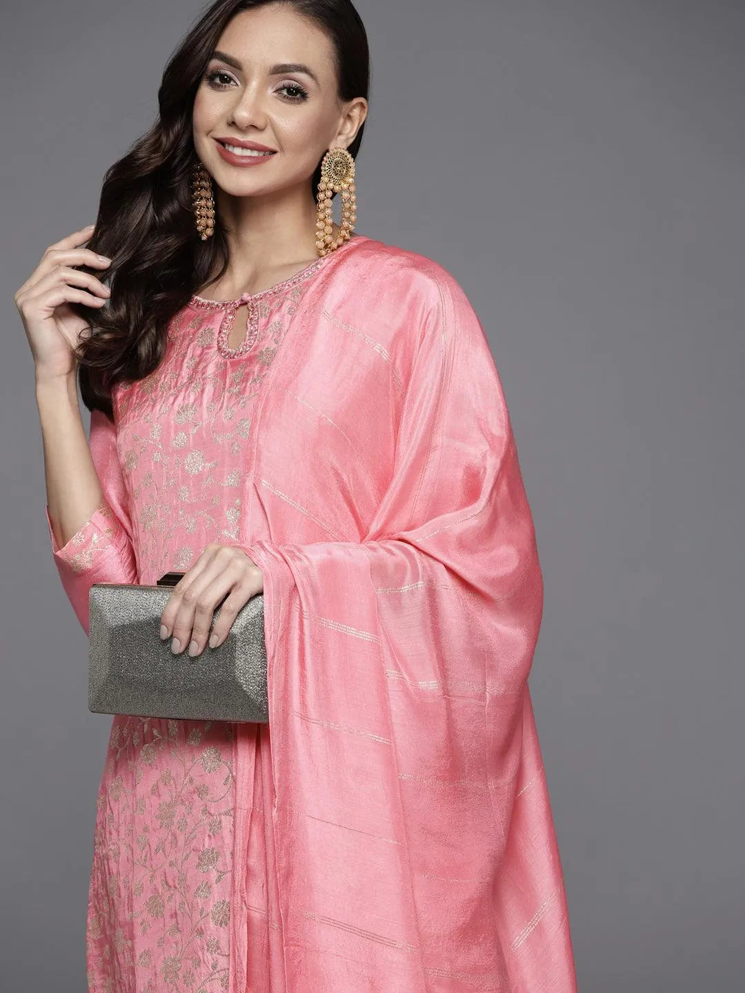 Pink Woven Design Silk Blend Straight Suit Set - Libas 