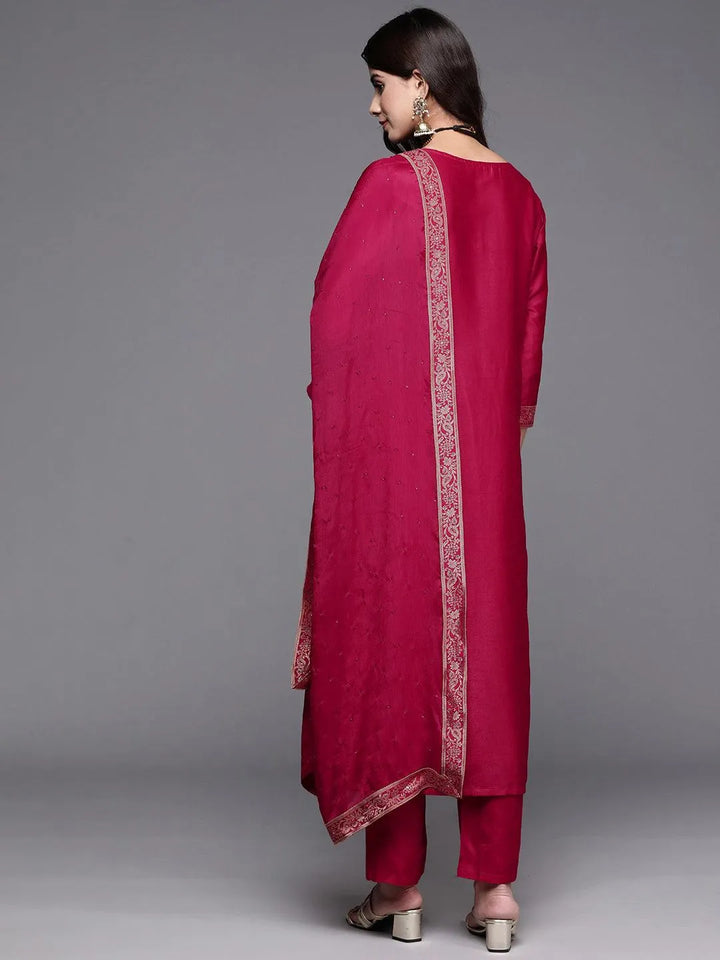 Pink Woven Design Silk Blend Straight Kurta With Palazzos & Dupatta - Libas