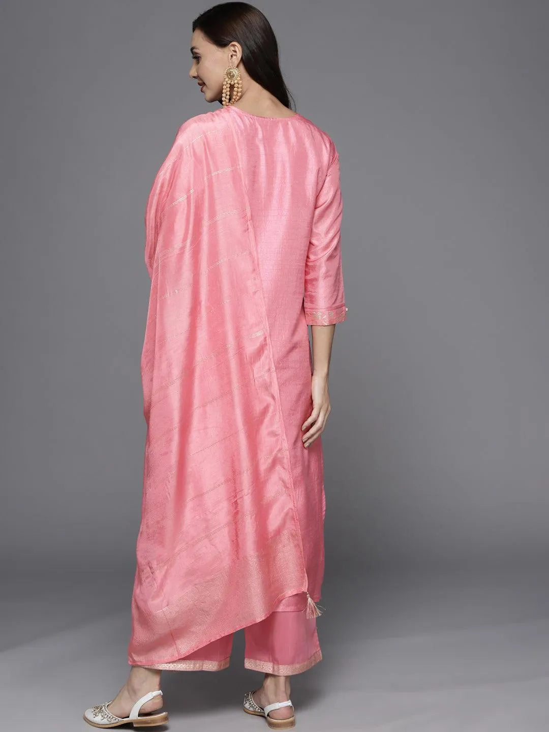 Pink Woven Design Silk Blend Straight Suit Set - Libas