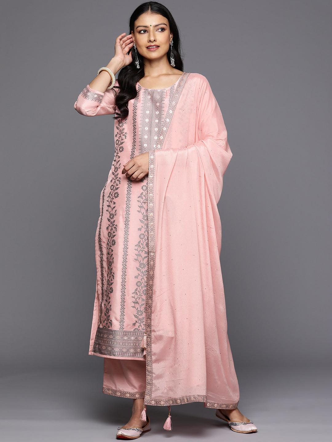 Pink Woven Design Silk Blend Straight Kurta With Trousers & Dupatta - Libas