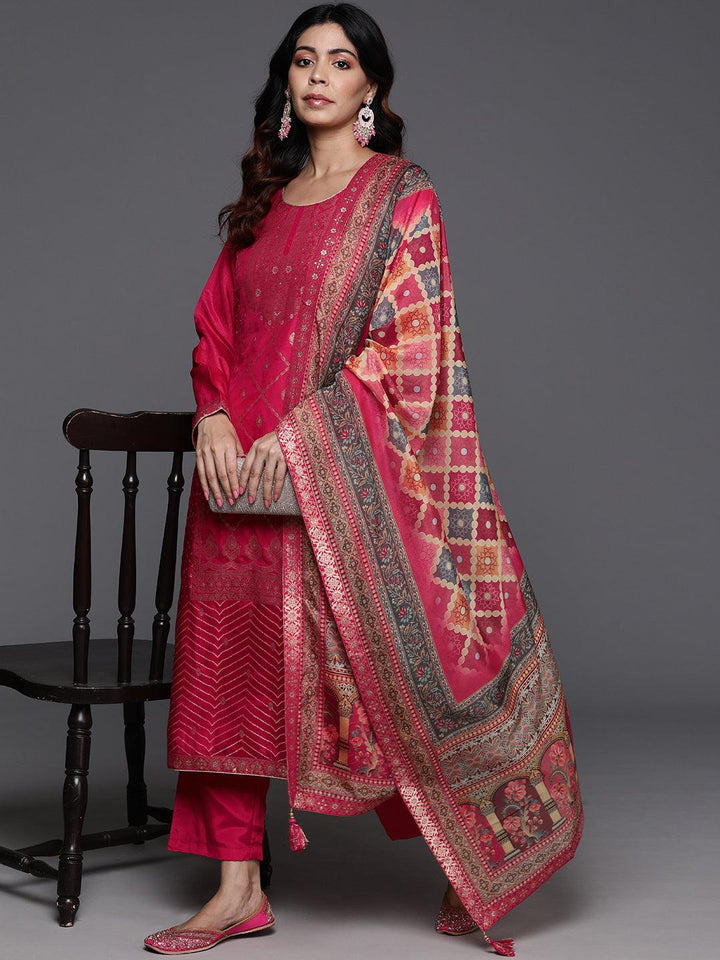 Pink Woven Design Silk Blend Straight Kurta With Trousers & Dupatta - Libas