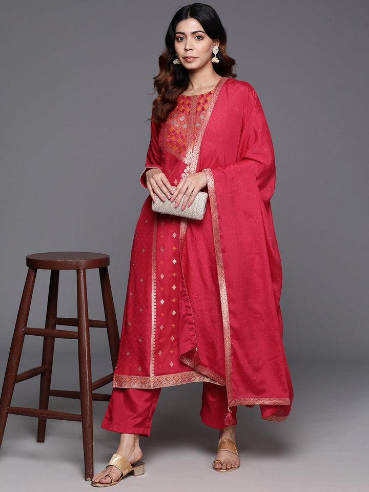 Pink Woven Design Silk Blend Straight Kurta With Trousers & Dupatta - Libas