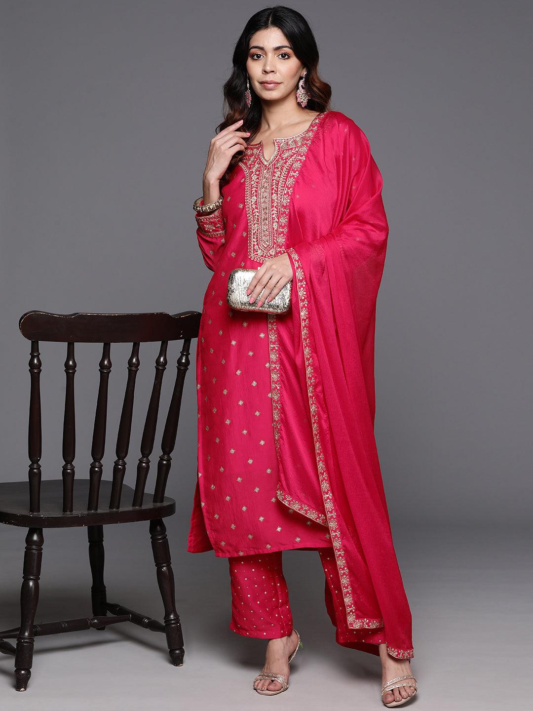 Pink Woven Design Silk Blend Straight Suit With Dupatta - Libas