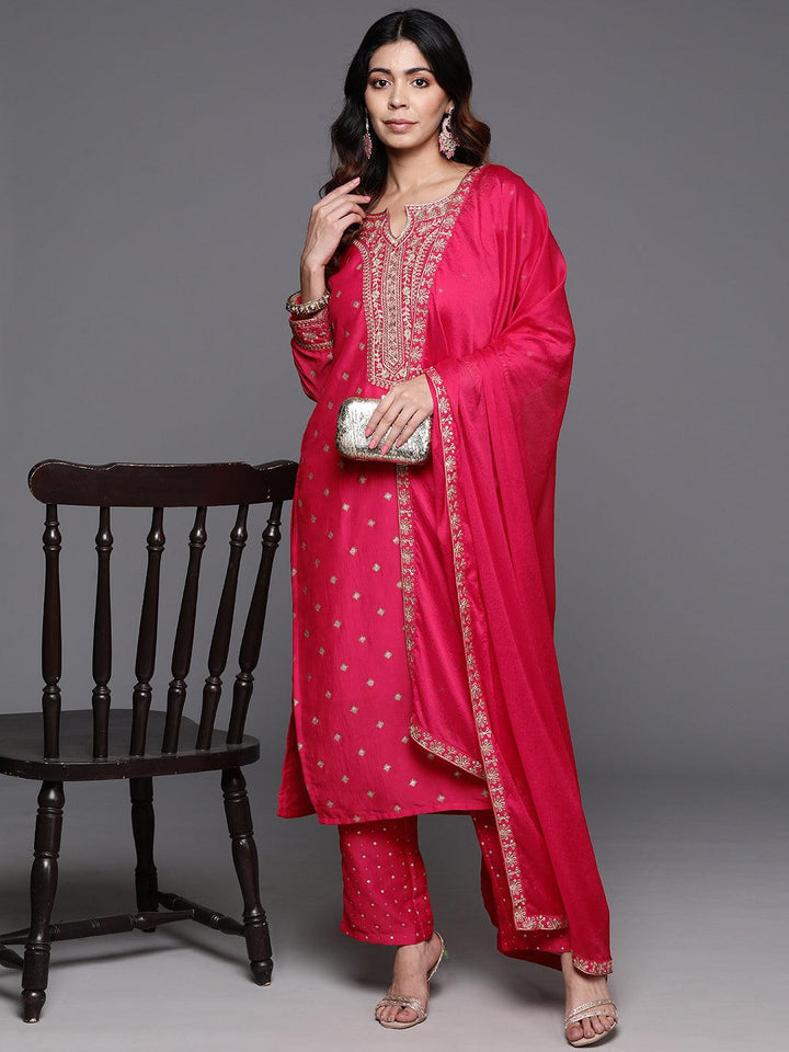 Pink Woven Design Silk Blend Straight Suit With Dupatta - Libas