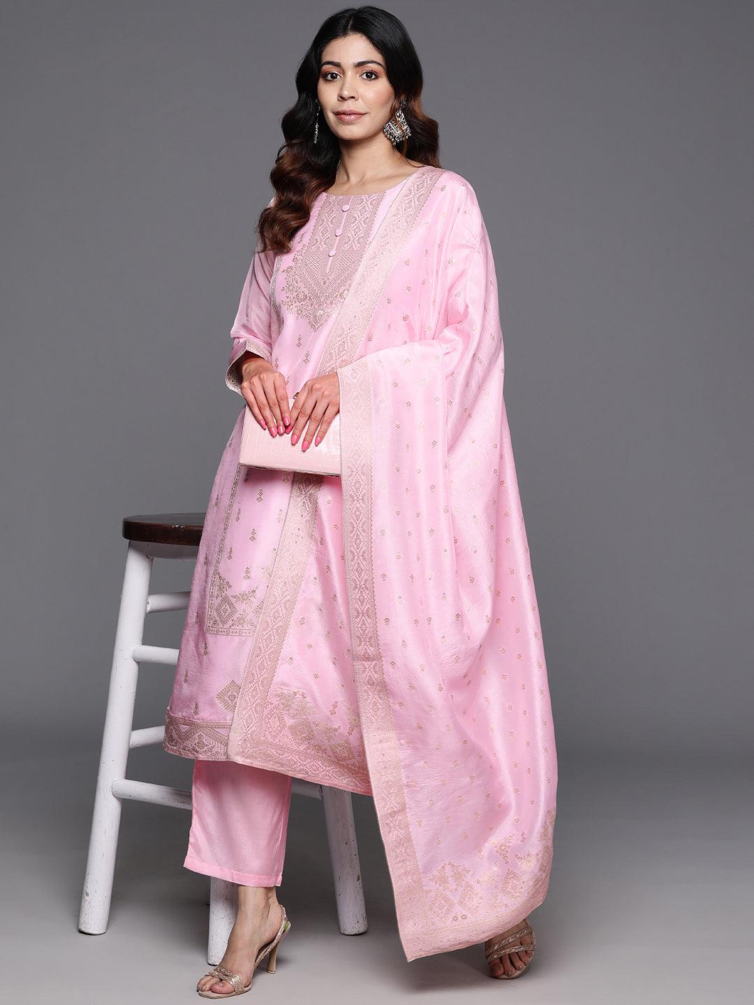 Pink Woven Design Silk Blend Straight Kurta With Trousers & Dupatta - Libas 