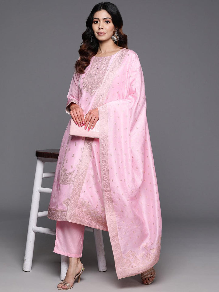 Pink Woven Design Silk Blend Straight Kurta With Trousers & Dupatta - Libas