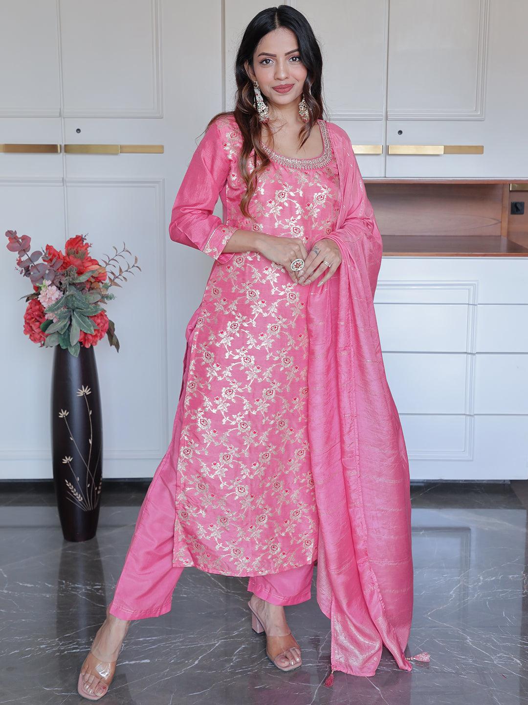 Pink Woven Design Silk Blend Straight Kurta With Trousers & Dupatta - Libas