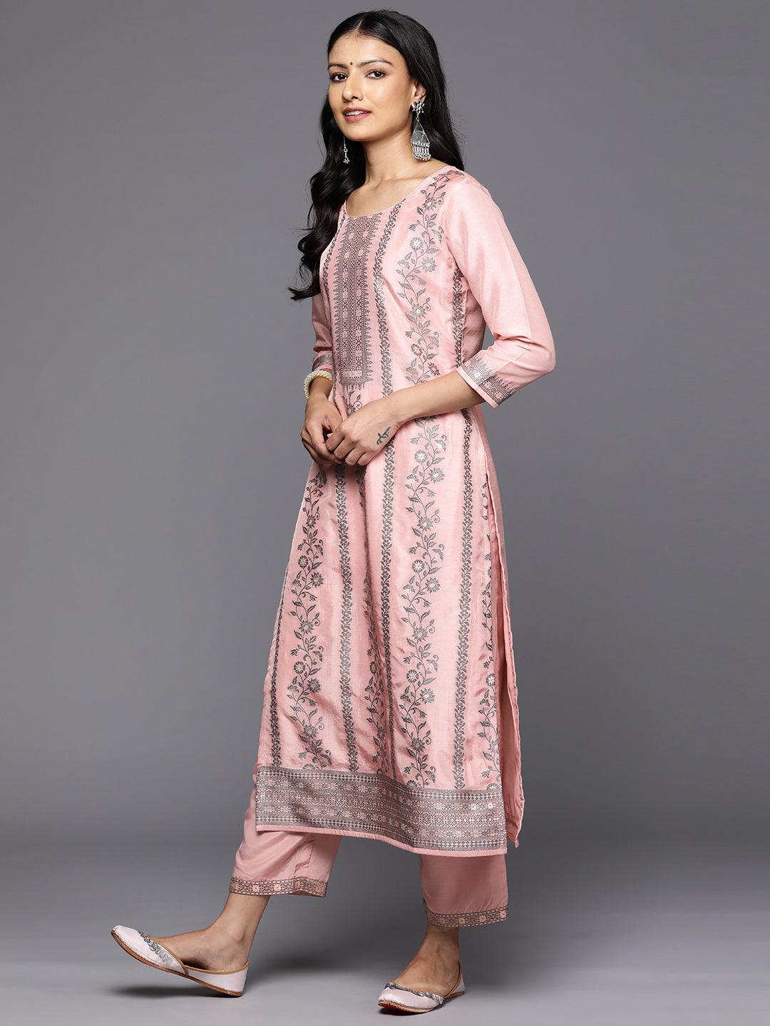 Pink Woven Design Silk Blend Straight Kurta With Trousers & Dupatta - Libas