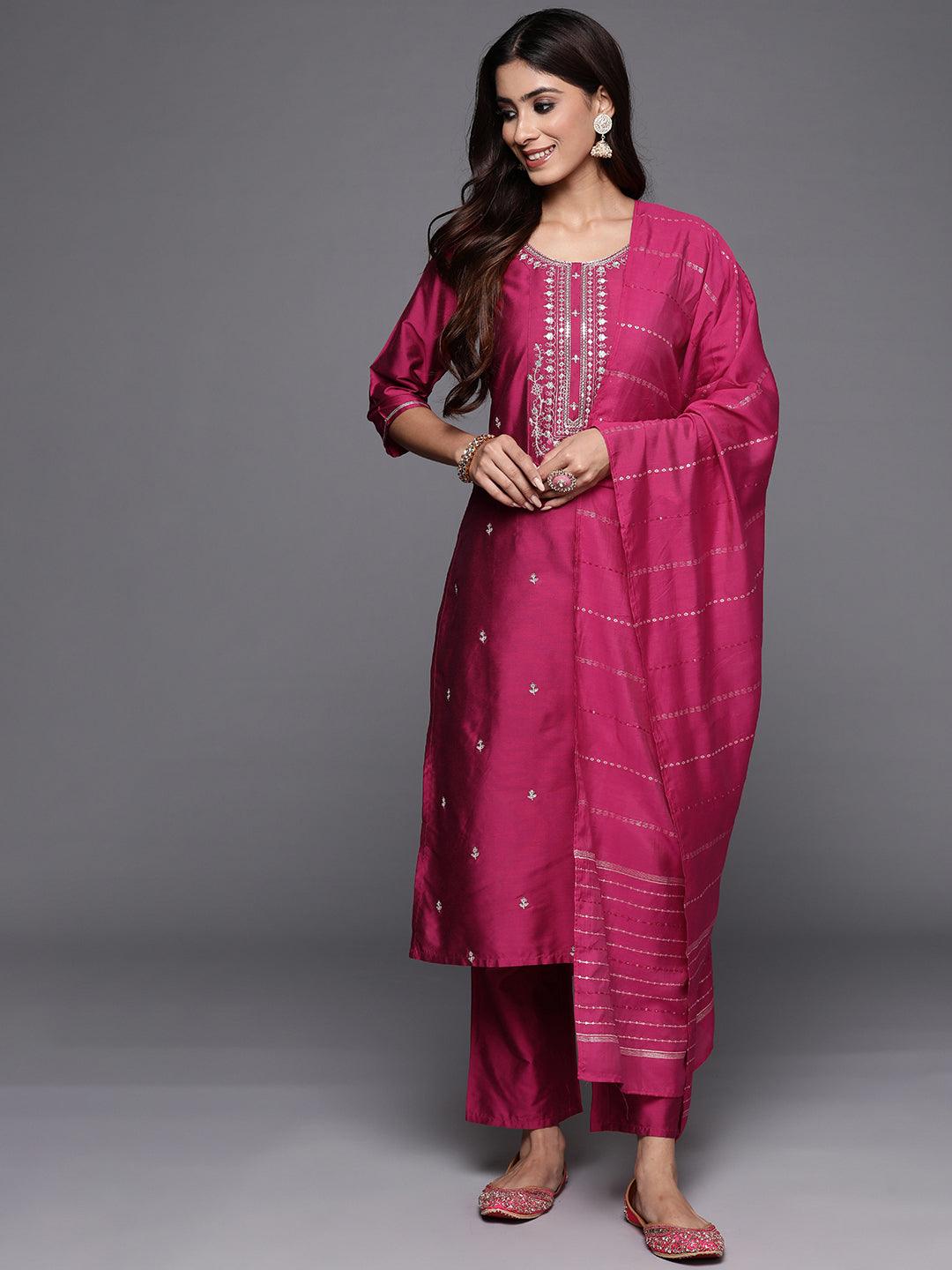 Pink Woven Design Silk Blend Straight Kurta With Trousers & Dupatta - Libas