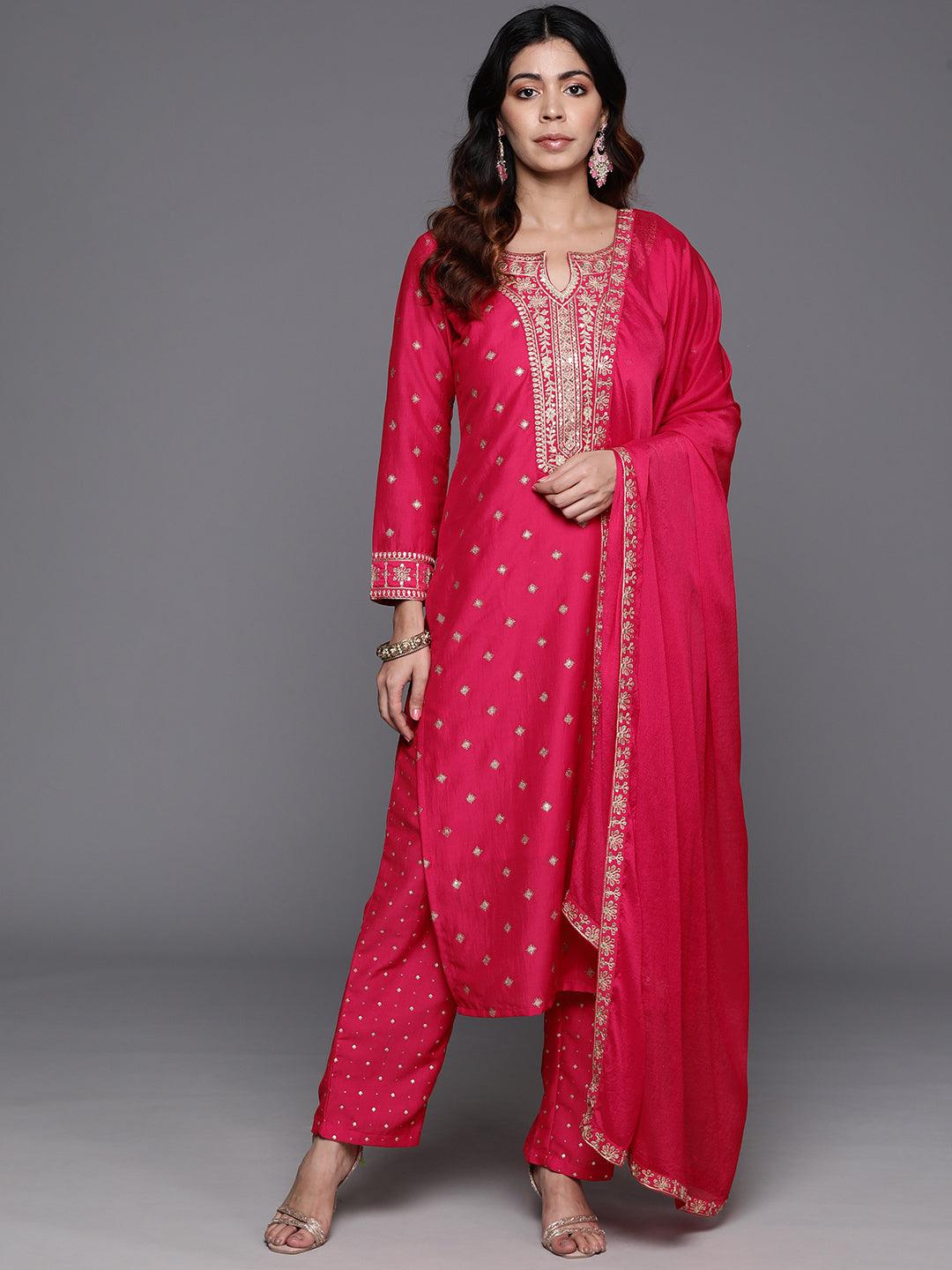 Pink Woven Design Silk Blend Straight Suit With Dupatta - Libas