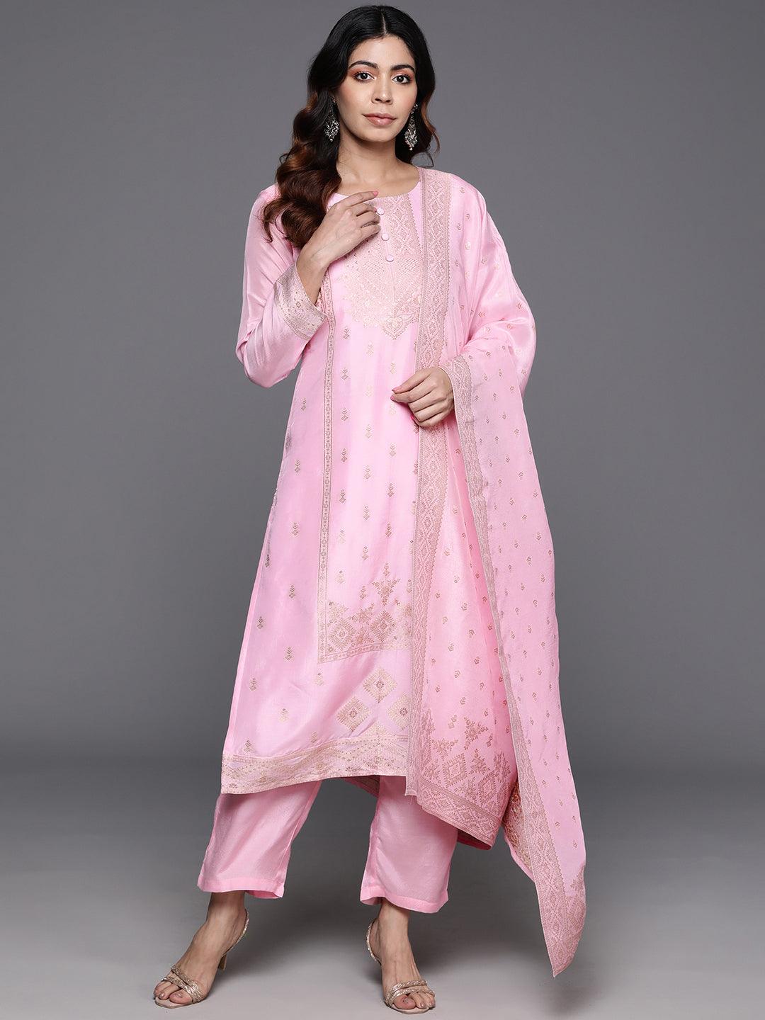 Pink Woven Design Silk Blend Straight Kurta With Trousers & Dupatta - Libas 