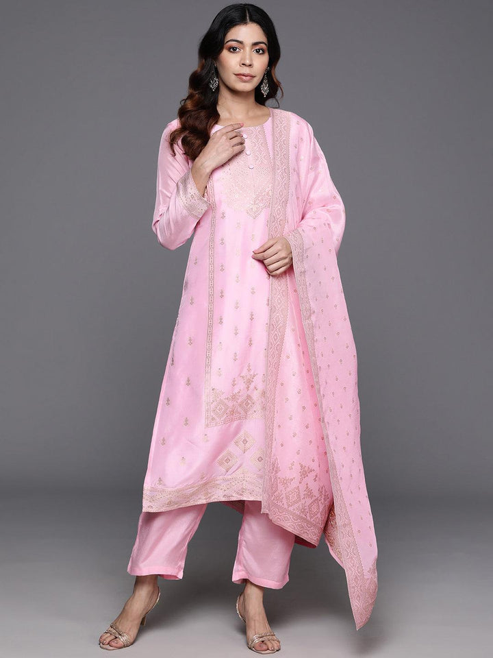 Pink Woven Design Silk Blend Straight Kurta With Trousers & Dupatta - Libas