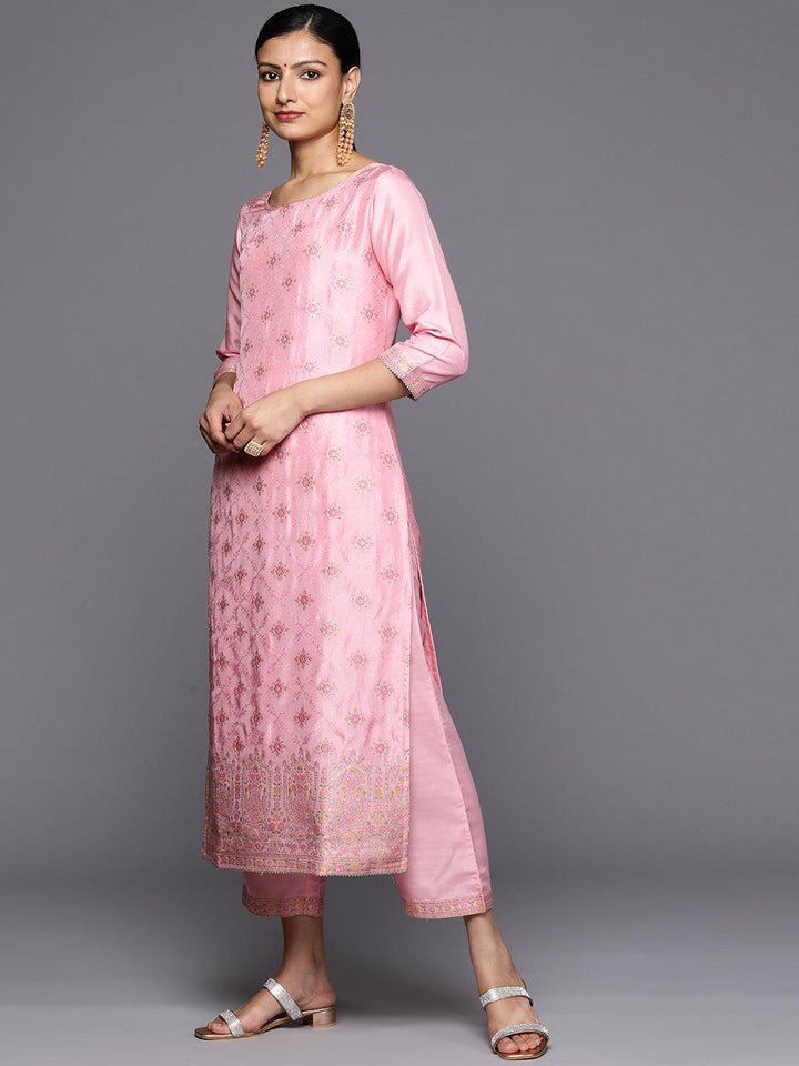 Pink Woven Design Silk Blend Straight Kurta With Trousers & Dupatta - Libas