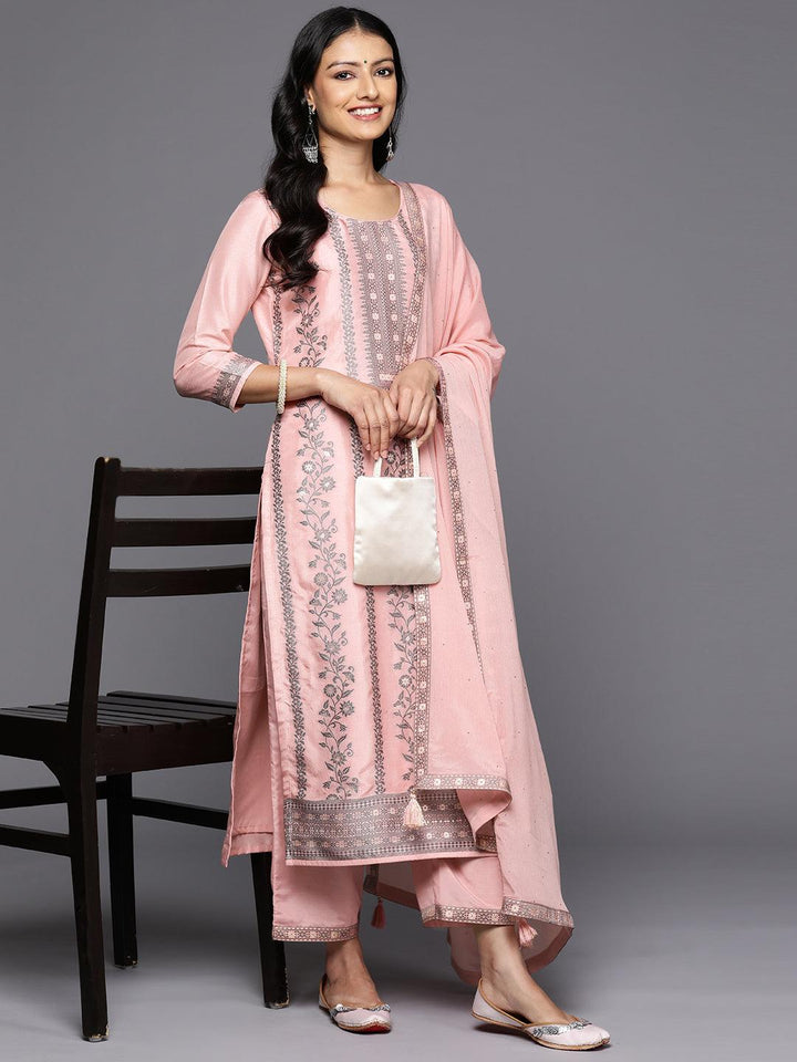 Pink Woven Design Silk Blend Straight Kurta With Trousers & Dupatta - Libas