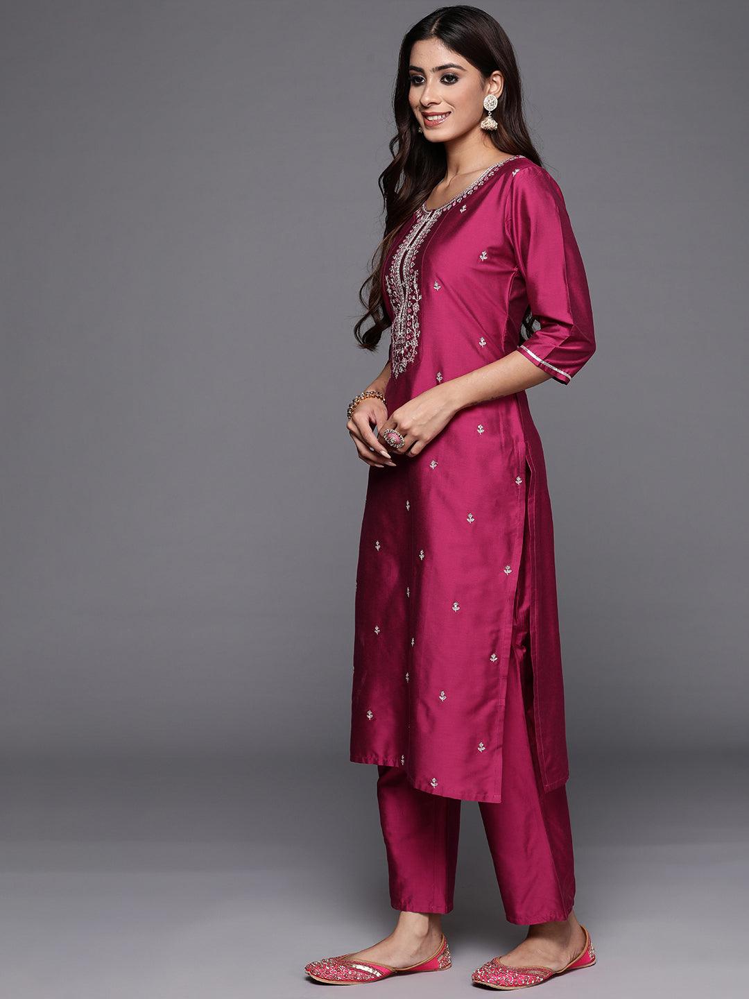 Pink Woven Design Silk Blend Straight Kurta With Trousers & Dupatta - Libas