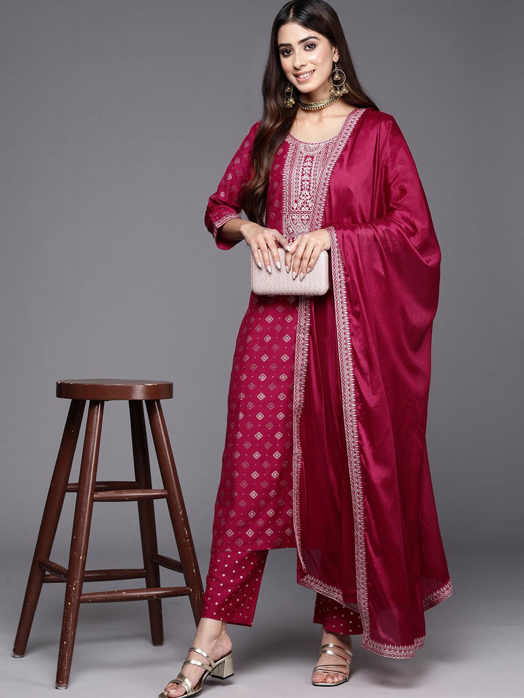 Pink Woven Design Silk Blend Straight Kurta With Trousers & Dupatta - Libas