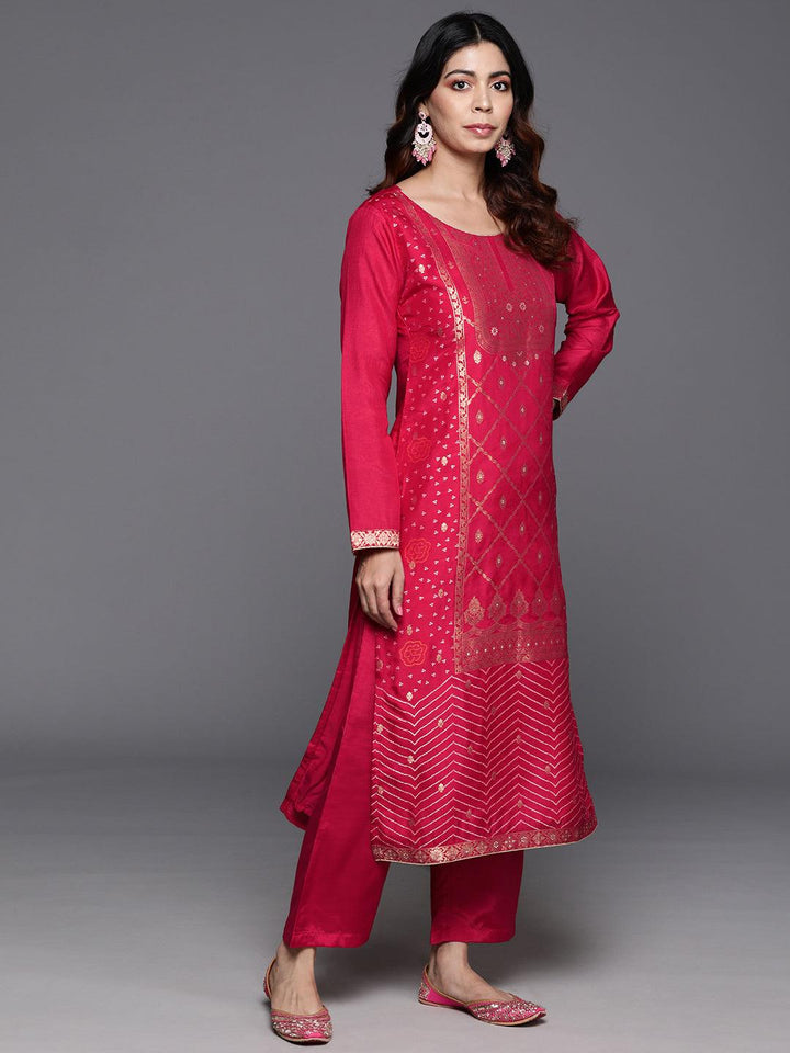 Pink Woven Design Silk Blend Straight Kurta With Trousers & Dupatta - Libas