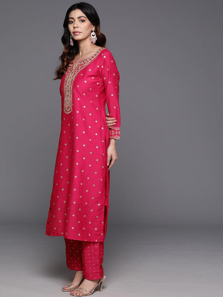 Pink Woven Design Silk Blend Straight Suit With Dupatta - Libas