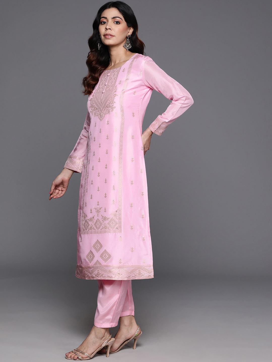 Pink Woven Design Silk Blend Straight Kurta With Trousers & Dupatta - Libas